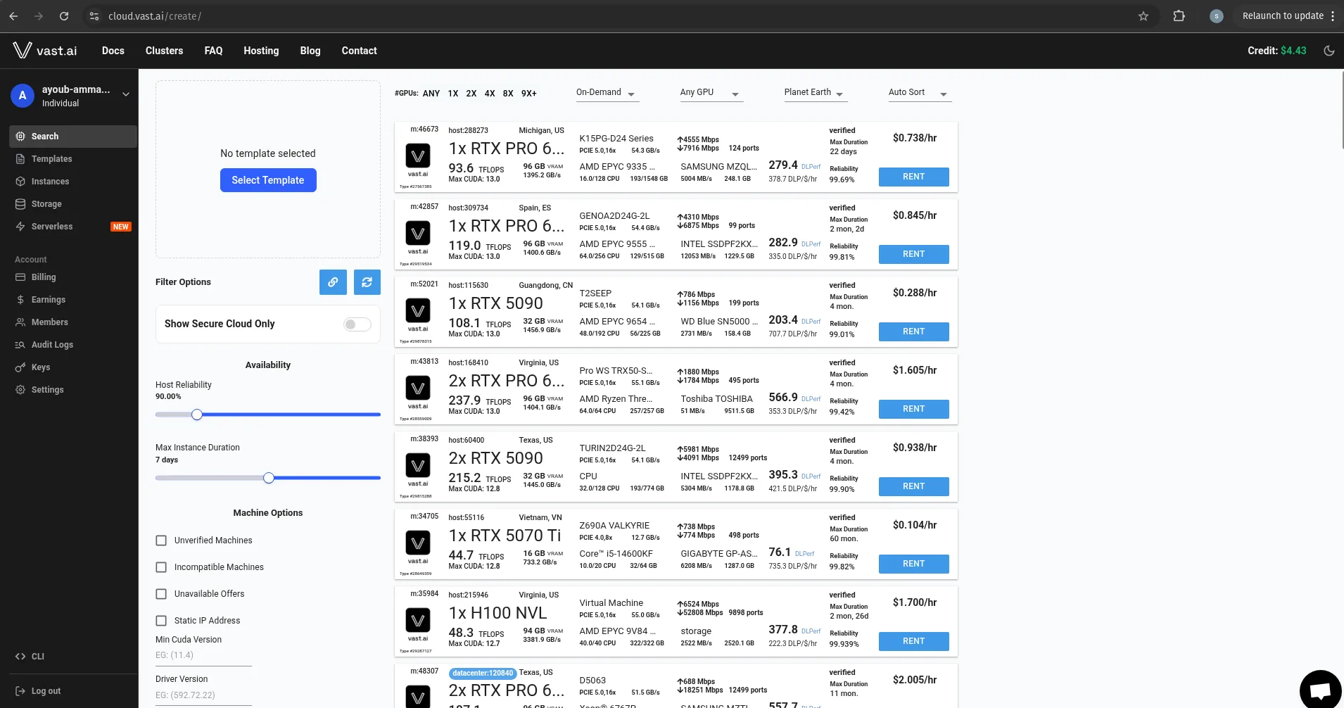 Choosing an instance from `vast.ai`